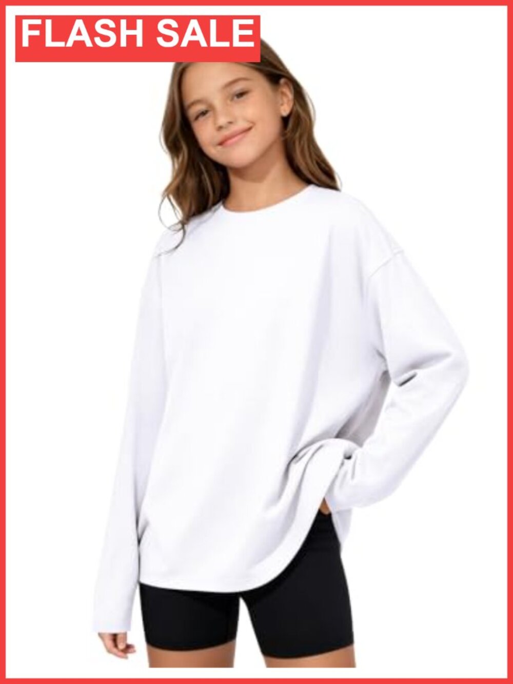 Girls Oversized Long Sleeve Cotton T-Shirt Crew Neck Relaxed Fit Tee
